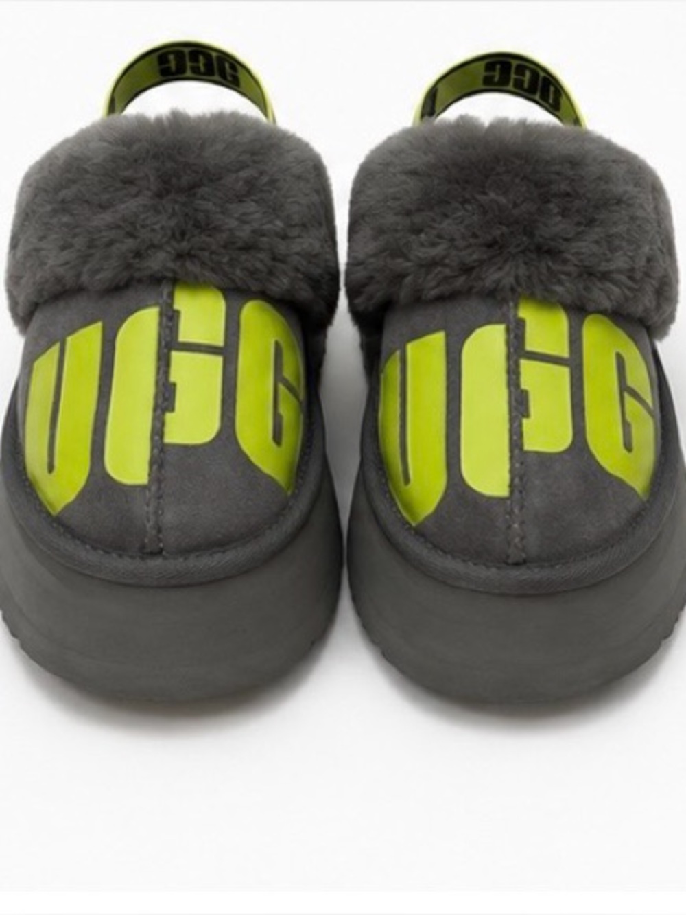 UGG Gray Clogs with Neon Yellow Logo and Shearling Collar